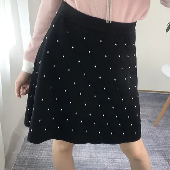 

Runway Design High Waist A-Line Women Summer Skirt Pearl Beading Female Short Skirt Knitted Office Ladies Mini Skirt Fashion