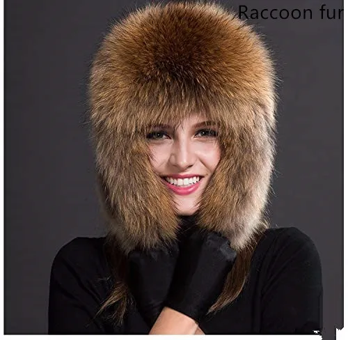 Raccoon Меховая шапка для женщин из енота, лисы мех русская ушанка шапки зимние толстые теплые уши модная шапка-ушанка - Цвет: Raccoon