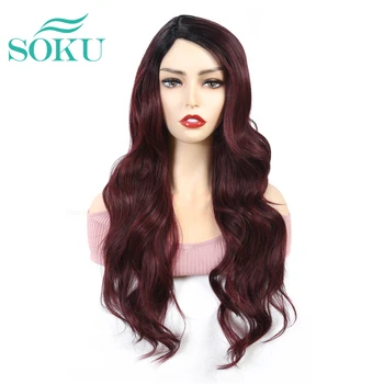 

SOKU Red Color Synthetic Wigs With Bang 24 inch Side Part Long Wavy Wigs Glueless Heat Resistant Fiber Hair Wigs For Black Women