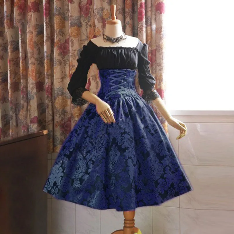 S-5XL кружевное платье принцессы в стиле Лолиты с открытыми плечами, Женский приталенный костюм, готическая одежда На Шнуровке Для дам размера плюс - Цвет: Blue