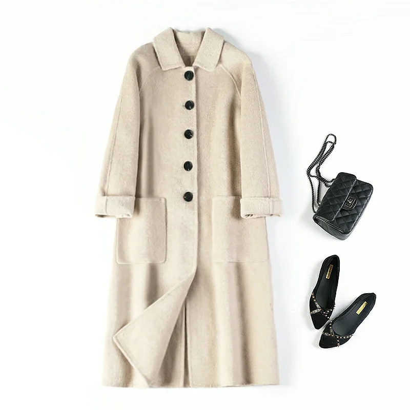 New Double-sided Wool Overcoat Long Thick Cashmere Show Skinny Knee Solid Mandarin Collar Wide-waisted Autumn Coat Women