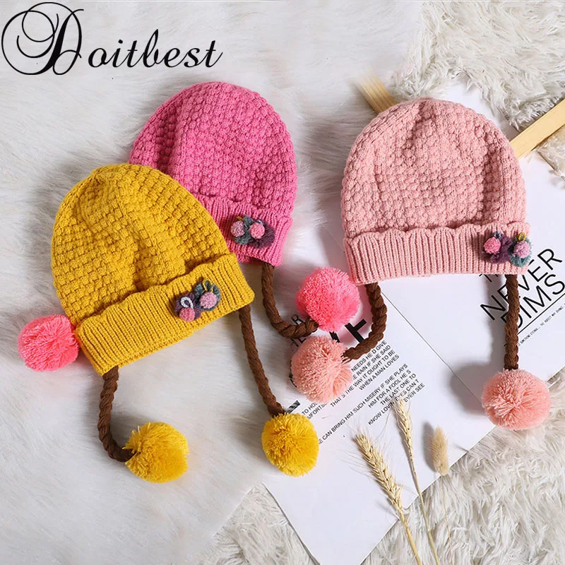 

Doitbest 6 month to 3 years old Baby boy Beanies flower two whip Winter Child knitted hat kids girls Earflap Caps