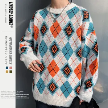 

Lindsey Seader Sweater Men Pullover Knit Knitwear Sweater Rhombus Fleece Wool Cardigan Male Rhombic Warm Winter Inside Outwear