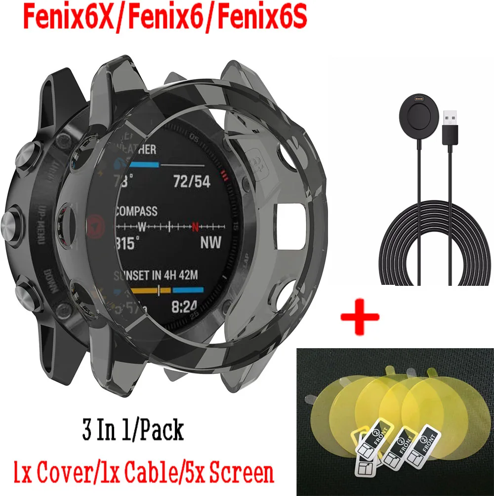 3 в 1 USB кабель зарядное устройство для Garmin Fenix 6 S/Fenix 6X/Fenix 6 Чехол ТПУ защитный чехол+ экранная пленка для часов Garmin Fenix6