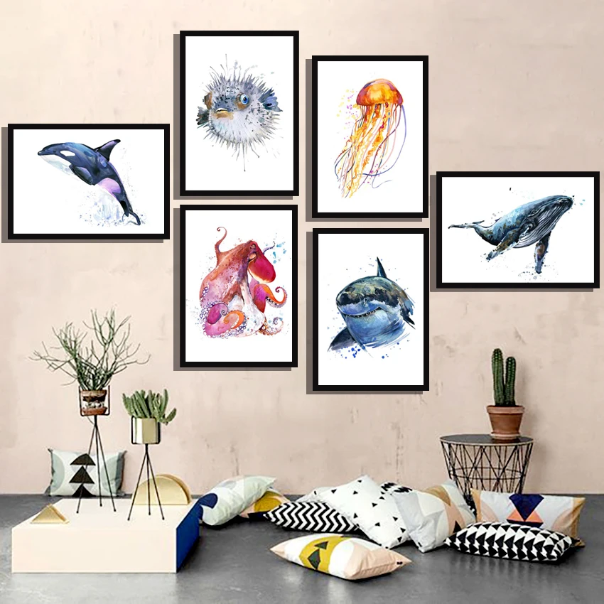 Whale-Shark-Jellyfish-Octopus-Dolphin-Fish-Nordic-Posters-And-Prints-Wall-Art-Canvas-Painting-Wall-Pictures