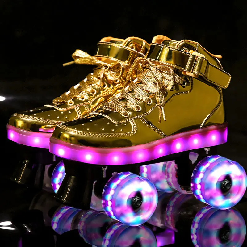 

New Led Rechargeable 3 Colors Flash Shoes Double Row 4 Roller Skates Outdoor Adult Children Unisex Roller Skates