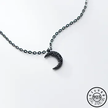 

100% 925 Sterling Silver Black Cubic Zircon Moon Pendant Statement CZ Link Chain Necklaces for Women Girls Fine Jewelry Gifts