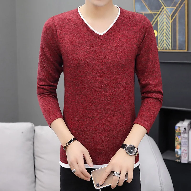 Свитер с v-образным вырезом мужской пуловер тонкий длинный рукав Весна и осень бежевый хаки светильник синий винный красный темно серый мужской свитер s