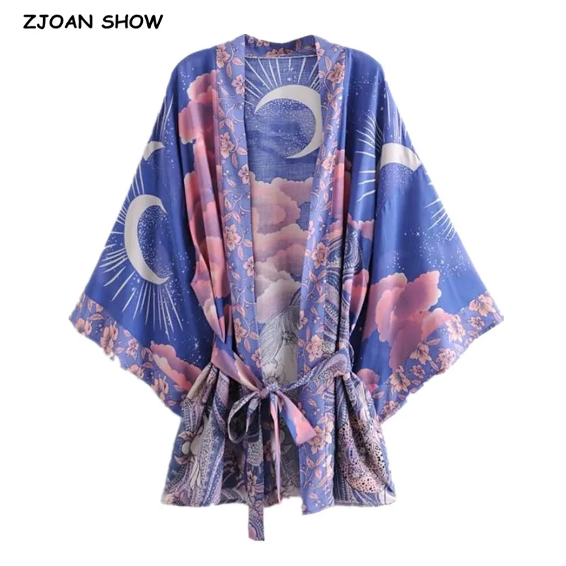 Bohemian Women Blue Space Moon Flower Print Kimono Shirt Holiday Beach Tide Bow Sashes Mid Long Cardigan Blouse BOHO Tops наушники anker soundcore space a40 blue