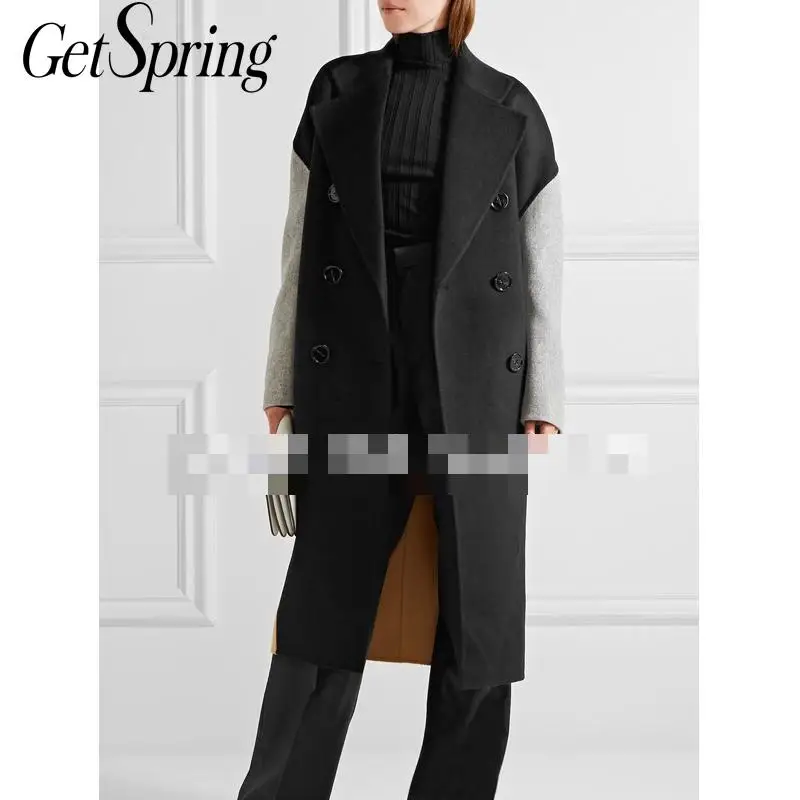 

GETSPRING Women Coat Women Wool Coats Patchwork Color Matchin Winter Woolen Jacket Plus Size Long Woman Winter Coats Jackets