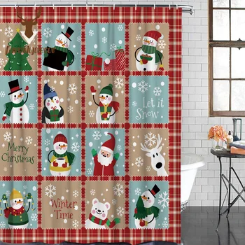 

Christmas Themed Plaid Christmas Elements Montage Pattern Shower Curtains Polyester Fabric Waterproof Bathroom Bath Curtain