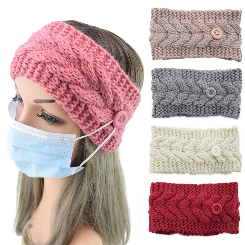 

Xugar Elastic Knitted Headband Mask Button Winter Turban Hair Band Warm Ears Sweet Women Girls Fashion Hairband Hair Accessories