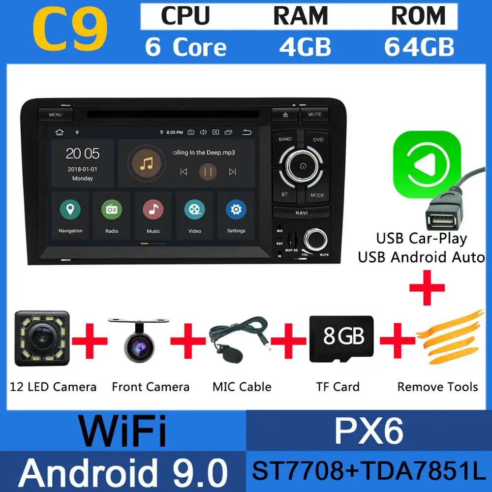 PX6 4G+ 64G Android 9,0 автомобильный DVD Мультимедиа gps навигация Радио для Audi A3 S3 RS3 2006-2012 стерео DSP Авто CarPlay головное устройство - Цвет: PX6 USB CarPlay