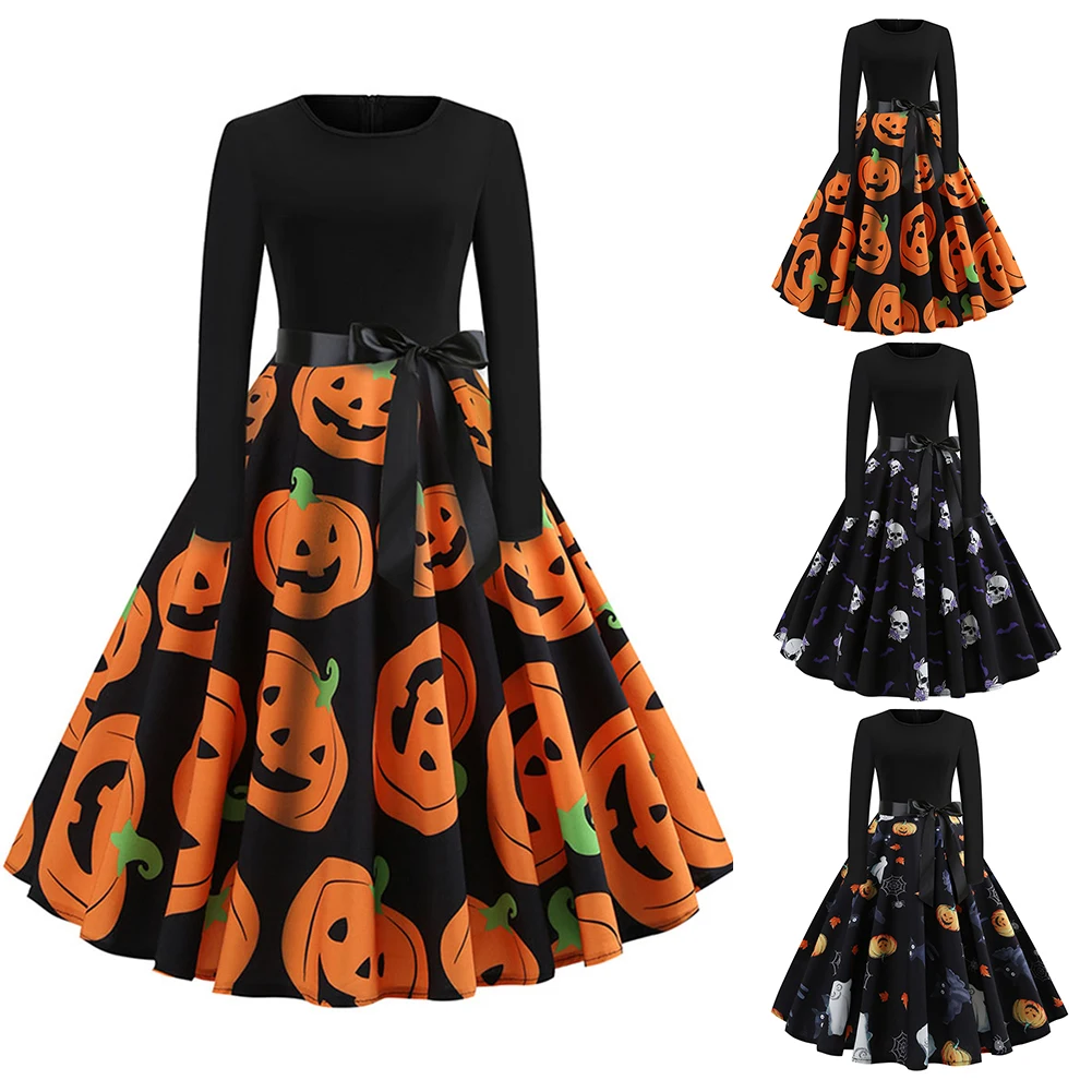 

Halloween Fancy Pumpkin Printed Dress Long Sleeve Mid Length Princess Swing Dress Ladies Costume for Festival Party M-XXL