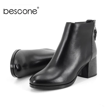 

BESCONE Genuine Leather Women Ankle Boots Casual Handmade Square Heel Shoes Basic Round Toe Zipper High Heel Ladies Boots BC335