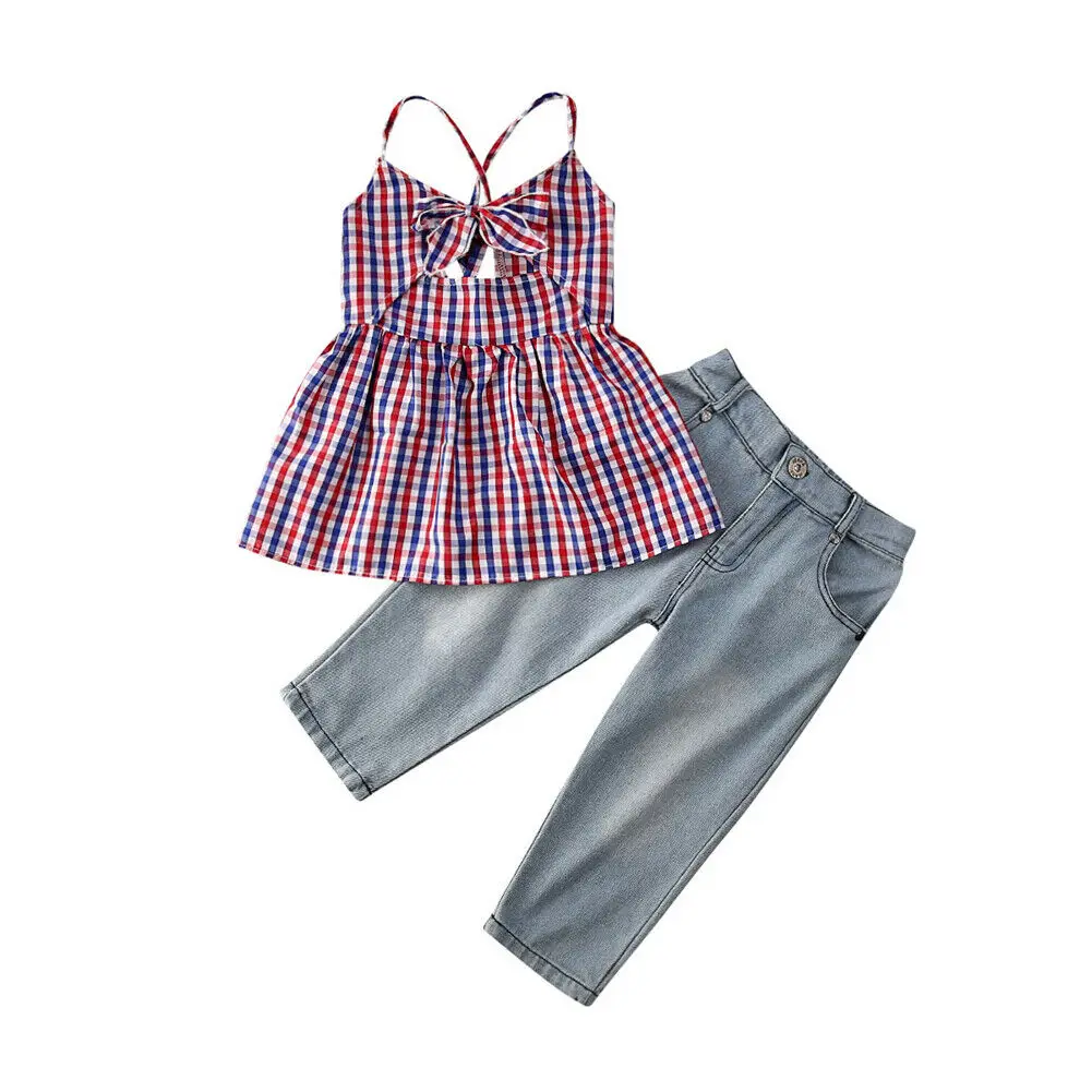  2020 New Female Baby 2pcs T-shirt Tops+Denim Jeans Pants Outfits Set for 2-7 Years Toddler Kids Bab