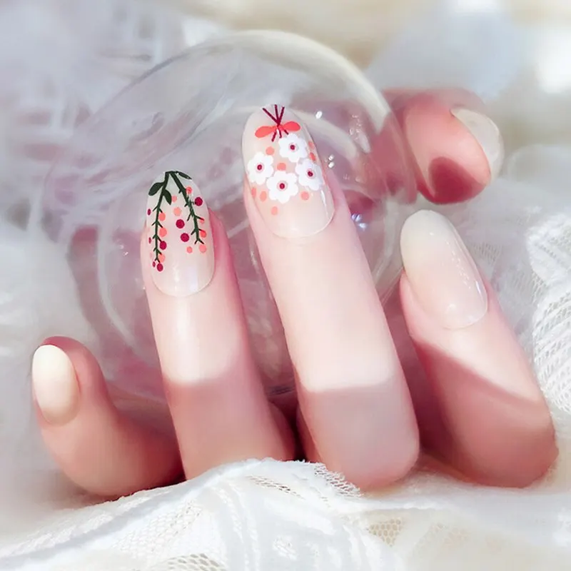 24pcs Simple French Flowers Printing False Nail Tips Art Design Beautiful DIY Fake Nails