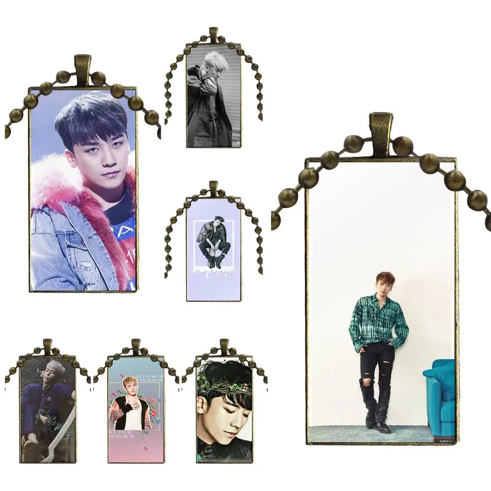 Kpop Bigbang Seungri For Kids Beads Vintage Jewelry Bronze Plated With Glass Cabochon Choker Long Pendant Rectangle Necklace | Украшения и