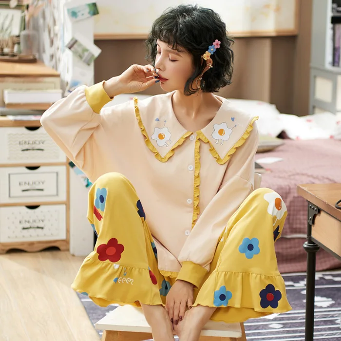 

Autumn And Winter New Style 6535 Combed Cotton Plant Flower Cute Pajamas Women's Peter Pan Collar Cardigan Loose-Fit Sweet Home