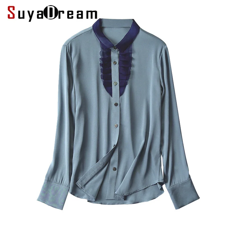 SuyaDream Женская шелковая блуза клетчатое с длинным рукавом отложной воротник на пуговицах офисные блузки осенние рубашки Новые