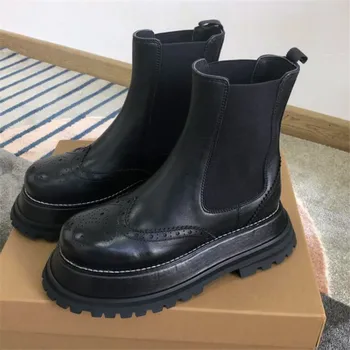 

Flat Platform Chelsea boots women's black leather elastic band round toe slip on ankle boots high street fashion shoes women