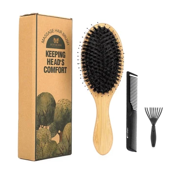 

1 Set Boar Bristle Hair Brush Natural Anti-static Wooden Scalp Brush Massage Comb Hair Accessory for Styling Straightening