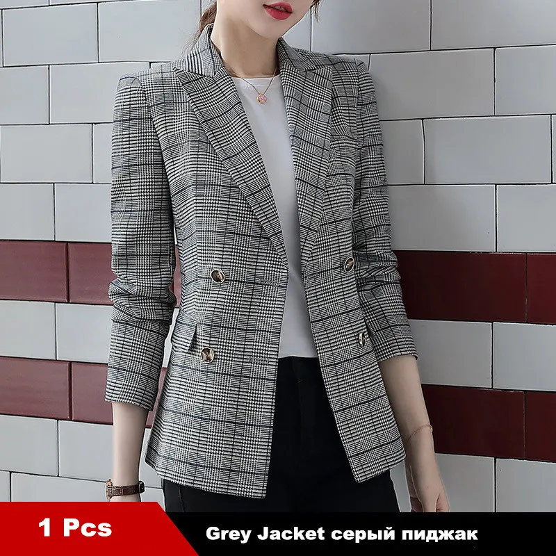 grey plaid jacket Plaid плюс размер клетчатая куртка двубортное пальто приталенная одежда рабочая Женская Корейская стильная Студенческая осенняя куртка 80323 - Цвет: grey plaid jacket