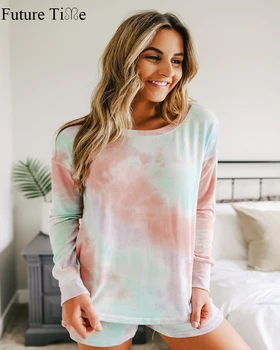 

Future Time Summer 2020 New Women Dye Home Wear Two Piece Set Female Printed Long Sleeve Top And Shorts SP640