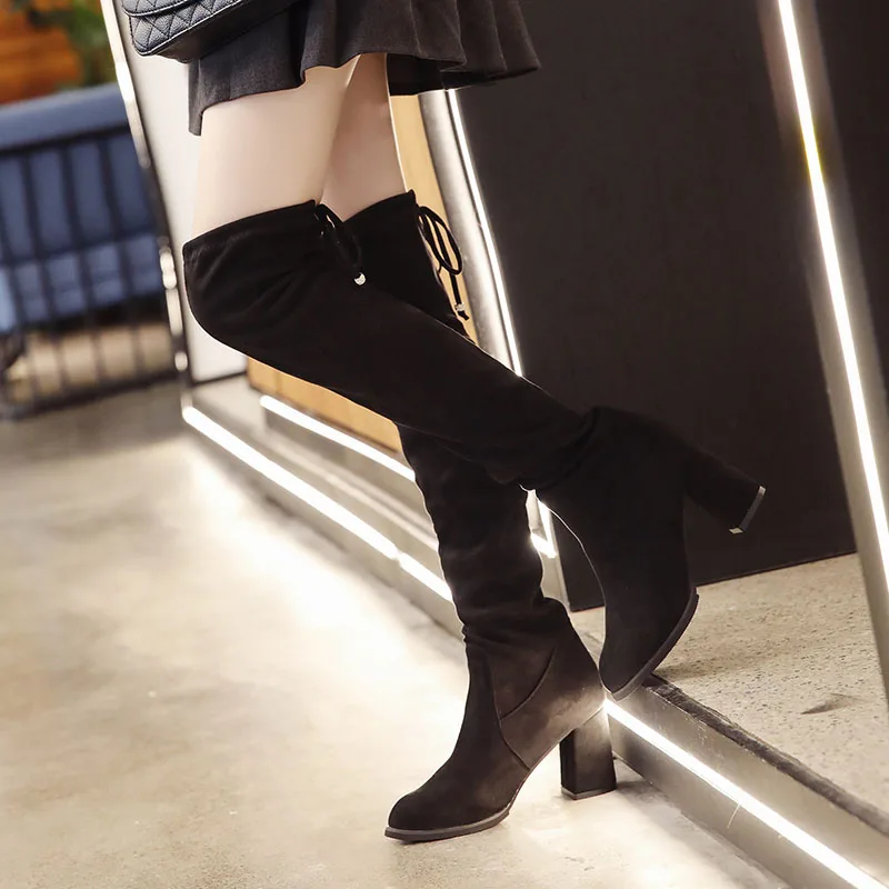 Taoffen Slim Thigh High Boots Women Solid Color High Heels Shoes Winter Warm Long Boots Women Over The Knee Boots Size 35-40