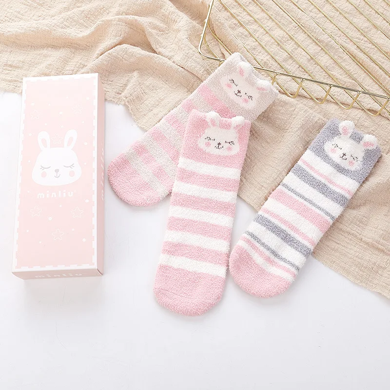 Bunny A 3 шт./лот, зимние носки из кораллового флиса с рисунком для детей возрастом от 1 года до 8 лет, утепленные, сохраняющие тепло, милые мягкие детские носки для девочек - Цвет: Bunny A