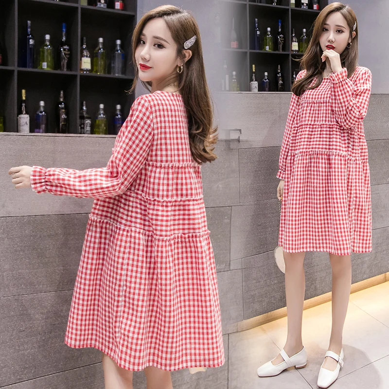 Red Plaid Maternity Dresses Vintage Loose Pregnancy Dress Casual Korean Pregnant Dress New Spring Autumn Clothes for Pregnant