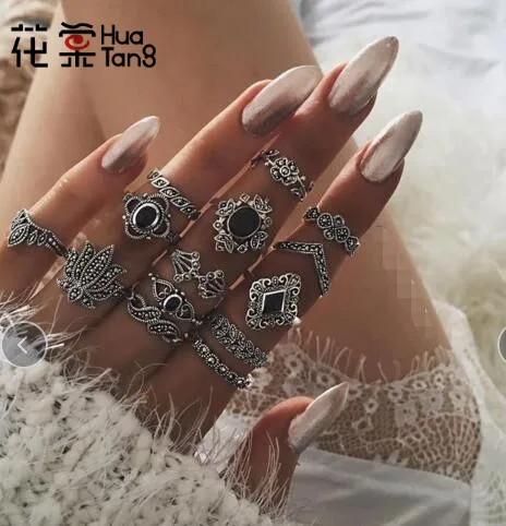 Hua Tang 14pcs/set Vintage Silver Color Lotus Ring Geometry Black Rhinestone Carved Leaf Fan-shaped Numisery Jewelry кольца 9134 |