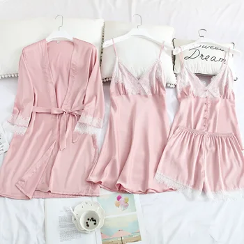 

Sexy Satin Lady 4PCS Sleep Set Strap Top&Shorts Kimono Robe Gown Silky Sleepwear Pajamas Suit Spring New Home Clothes Nightwear