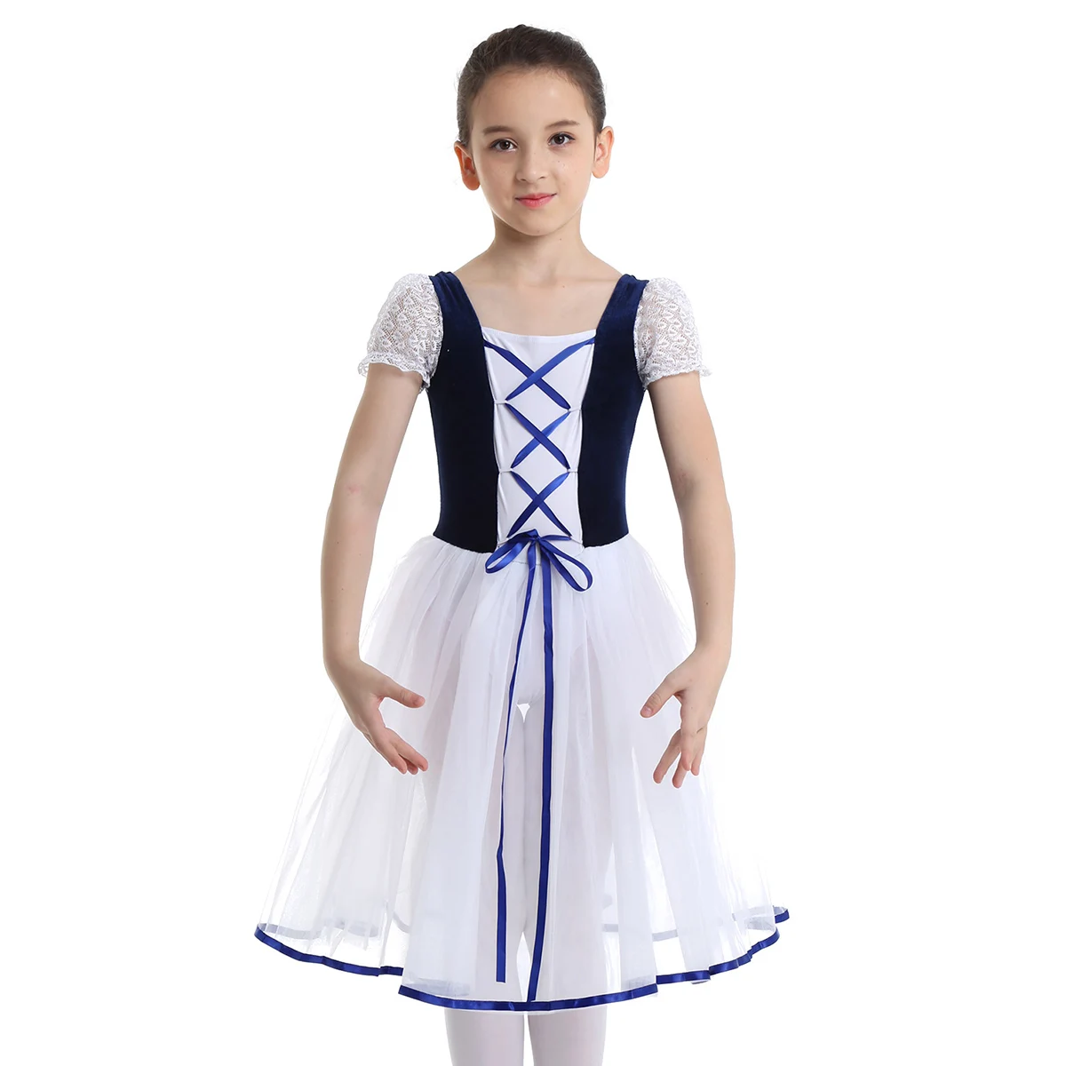 Kids Girls Giselle Ballerina Costumes Princess Ballet Tutu Dress Velvet Lace Bubble Sleeves Dance One Piece Leotard Tulle Dress