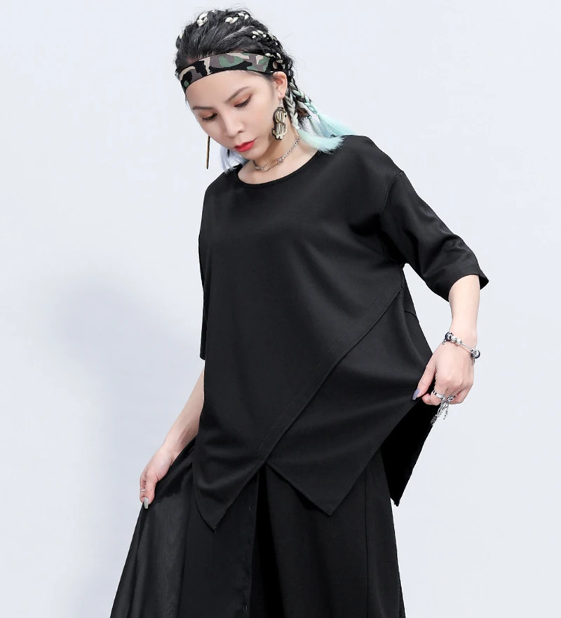 [EAM] Women Black Irregular Big Size T-shirt New Round Neck Three-quarter Sleeve  Fashion Tide  Spring Summer 2020 1Z356