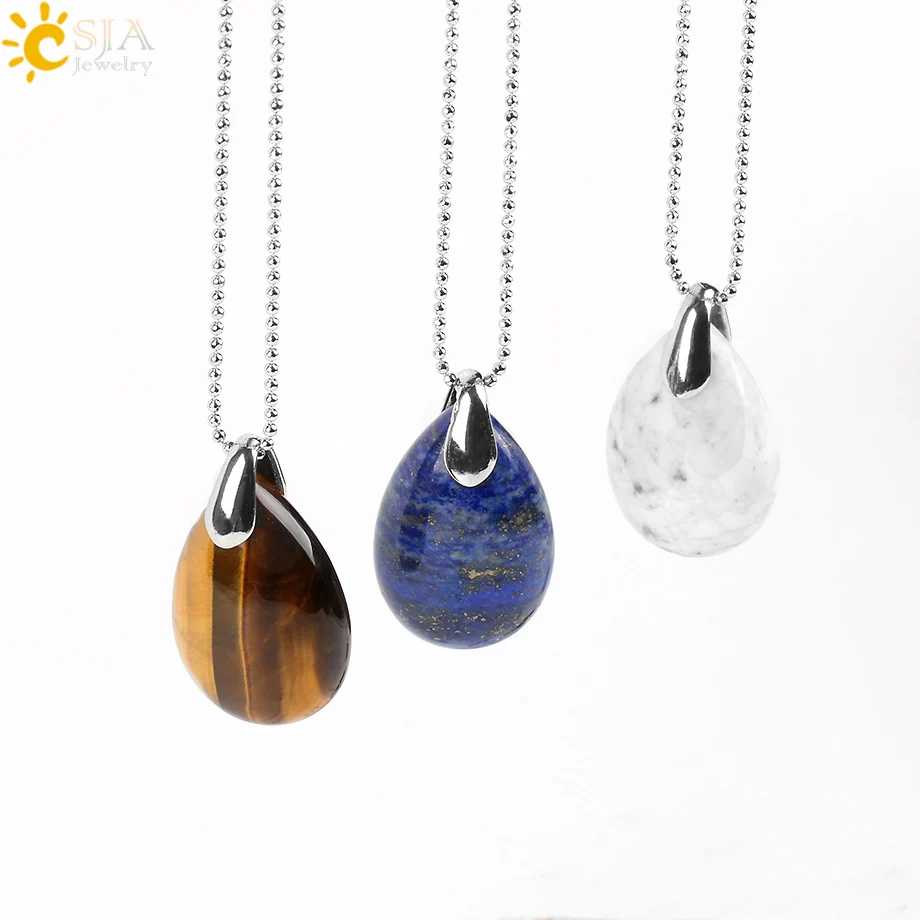 CSJA Natural Gem Stone Water Drop Necklaces Pendants Tiger Eye Lapis Lazuli Clear Crystal Opal Reiki Healing Jewellery Gift E526