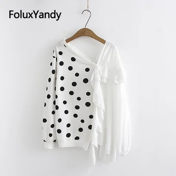 

Hoodies 2019 new one pcs fashion V neck sexy patchwork plus size sweatshirt polka dot contrast color pullovers 3 4 XL KKFY4033
