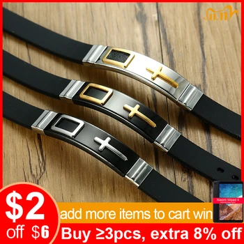 

Vnox 12mm Cross Bracelets for Men Soft Rubber Silicone Bangle Bible Quotes Christ Prayer Wristband Casual Male Jewelry