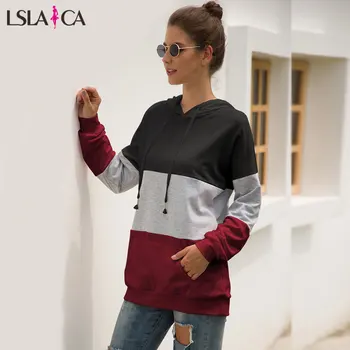 

Casual fashion tri-color stitching hooded drawstring sweatershirt long-sleeved wild trend sweatershirt ladies