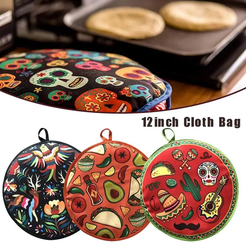 Bolsa de tela de 12 pulgadas para calentar tortillas, Burrito, portátil, para el hogar, microondas, restaurante, comida, tortitas, harina impresa resistente al calor