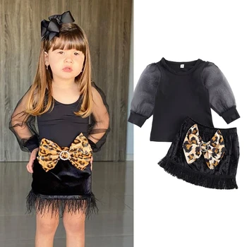 

1-6Y Toddler Kids Baby Girls Clothes Autumn Girls Mesh Puff Sleeve T-shirts Pullover Tops+Leopard Bowknot Tassel Skirts Outfits