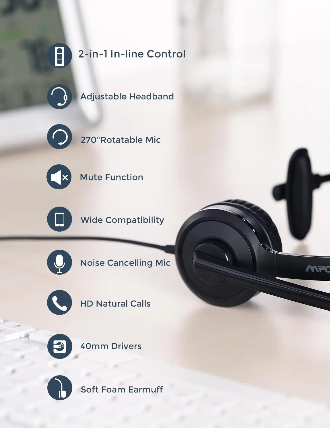 Mpow BH323 Wired Stereo Computer Headset with Noise Cancelling Mic 3