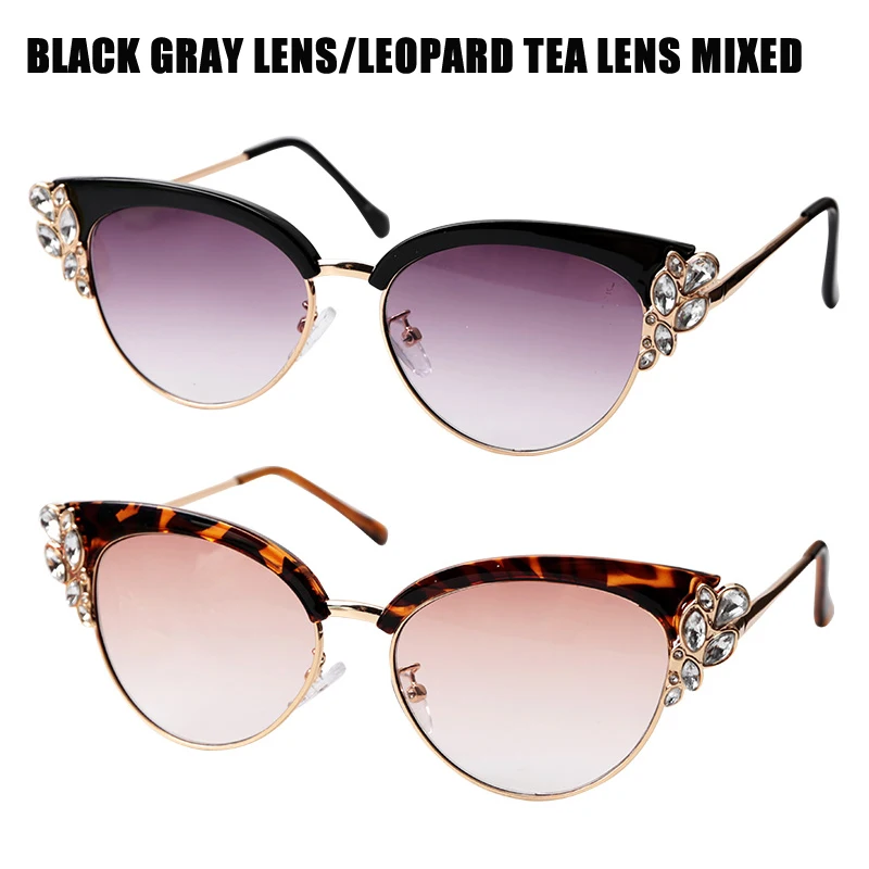 Gray Tea Lens Mix SOOLALA Стразы полуоправы очки для чтения «кошачий глаз» женщин Пресбиопия солнцезащитные очки ночного видения очки для чтения с футляром - Цвет оправы: Gray Tea Lens Mix