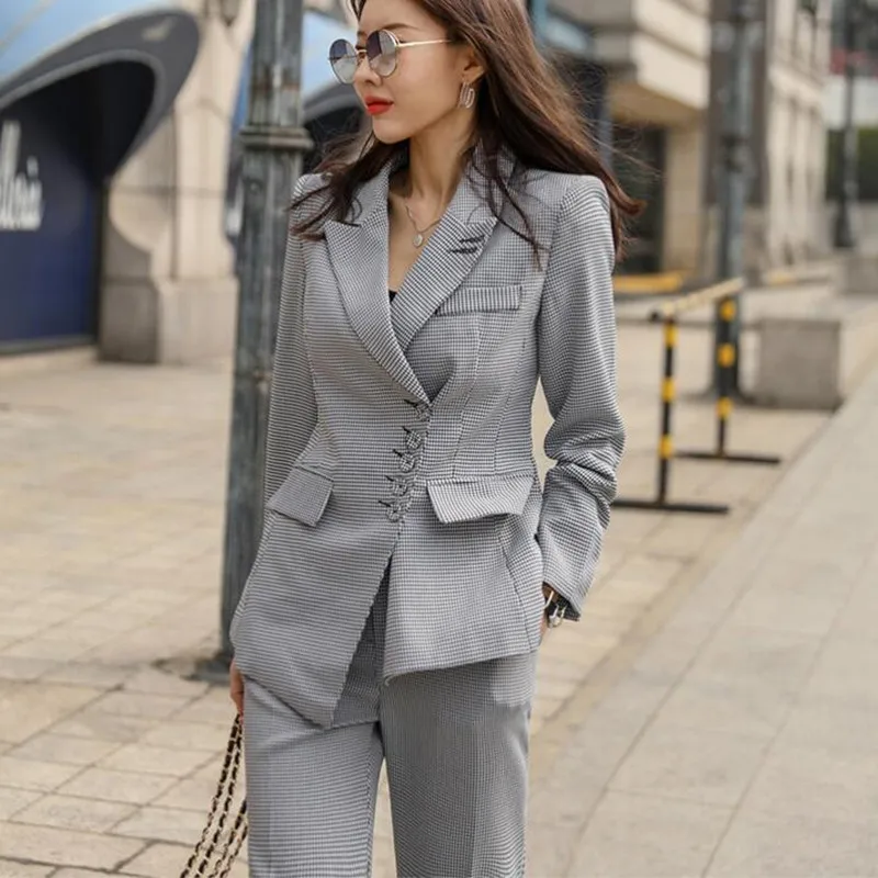 

ZAWFL High Quality 2021 Winter Women Suit Office Lady Plaid Two Piece Pant Set Formal Double-breasted Coat+OL Work Pant Suits