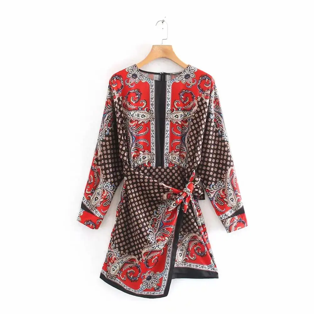 

Vintage Splicing Printing Women Mini Dress 2020 Spring Leisure Lady Long Sleeve Loose Dresses D3860