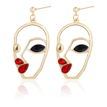

Unique Crystal Human Face Earrings For Women Party Charm Jewelry Funny Abstract Art Hollow Gold Color Alloy Figure Earings