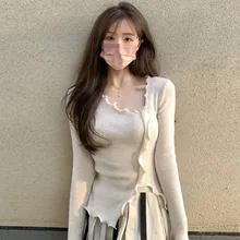 

Women Fungus Split Fork Slim Sexy Knitting Shirt Pullovers 2022 Autumn New Female Long Sleeve Irregular Inside Knitting Sweater