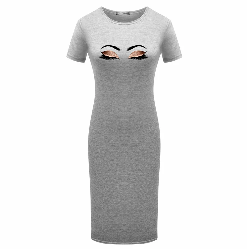 

New Oversize Summer Pencil Dresses Sexy Package Hip Streetwear Office O-Neck Short Sleeved Women Aesthetic Eyelashes Print Dress