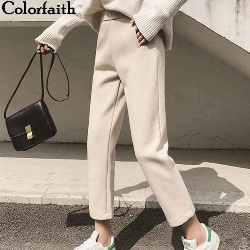 Colorfaith Новинка осень зима женские узкие брюки шорты с завышенной талией и карманами в Корейском стиле повседневные модные шерстяные брюки до щиколотки P355