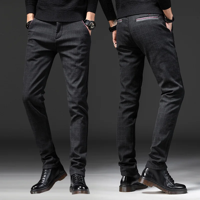 

Autumn And Winter Thick Section MEN'S Jeans Trend Korean-style Elasticity Youth Slim Fit Pants Black And White with Pattern Casu